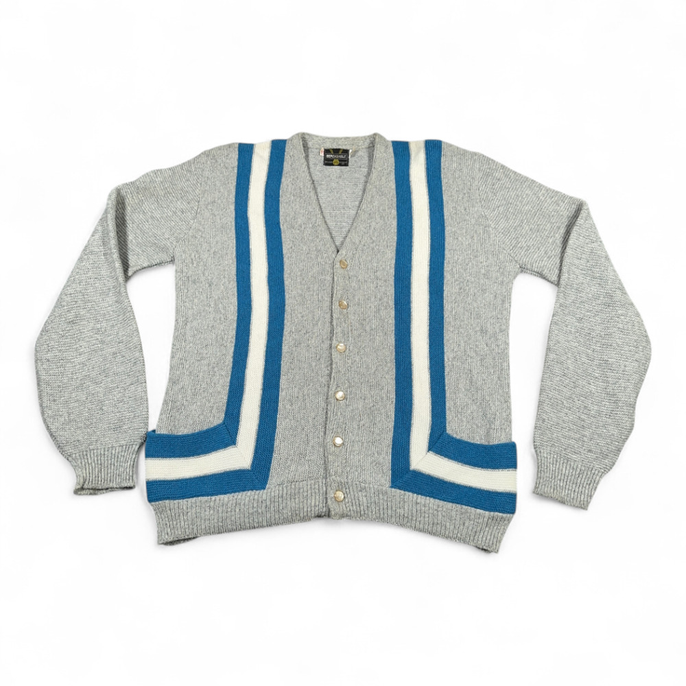 Vintage Diplomat Sweater Adult MEDIUM Gray Cardigan Striped Orlon Knit USA 60s